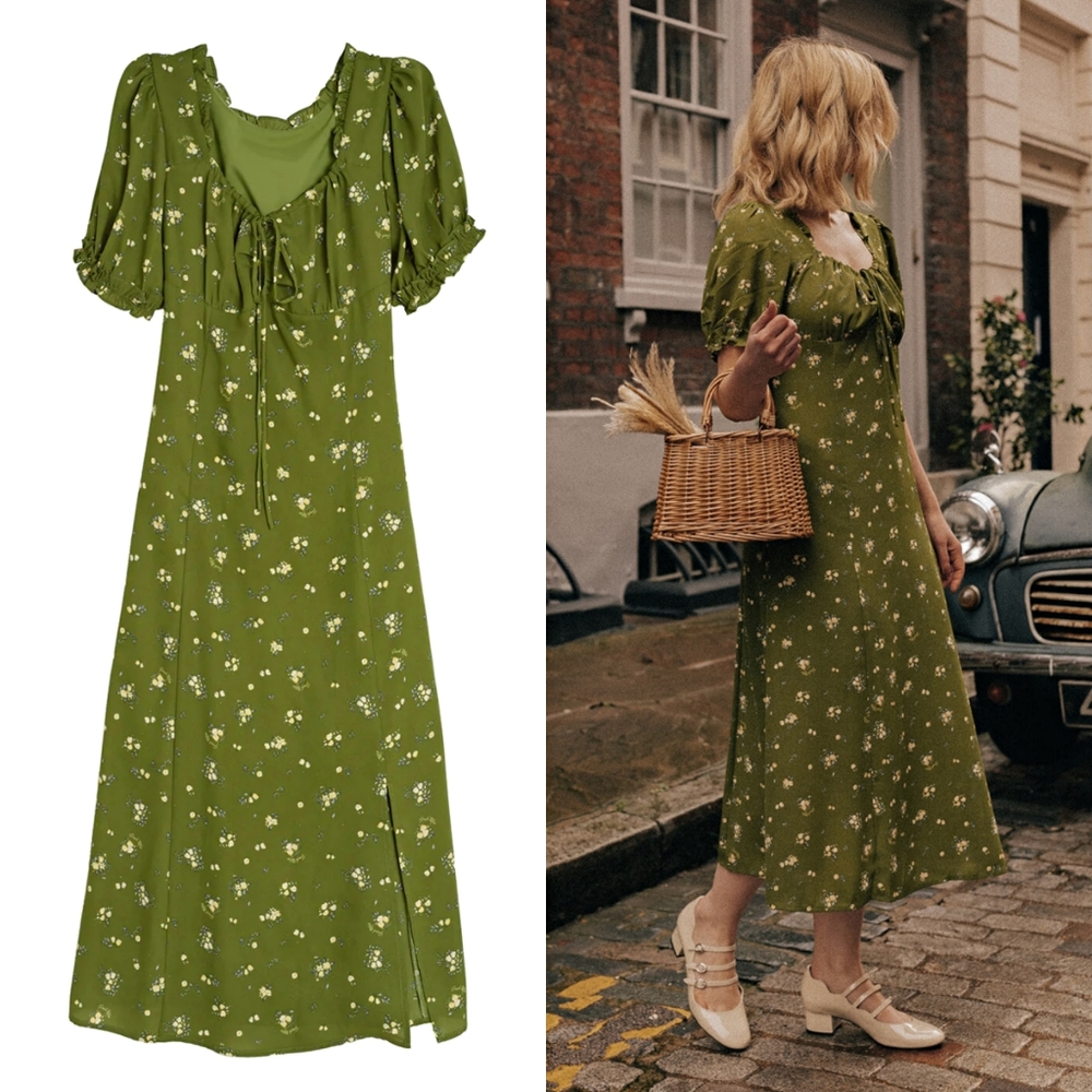 Simple Retro Magnolia Printed Floral Green Midi Dress